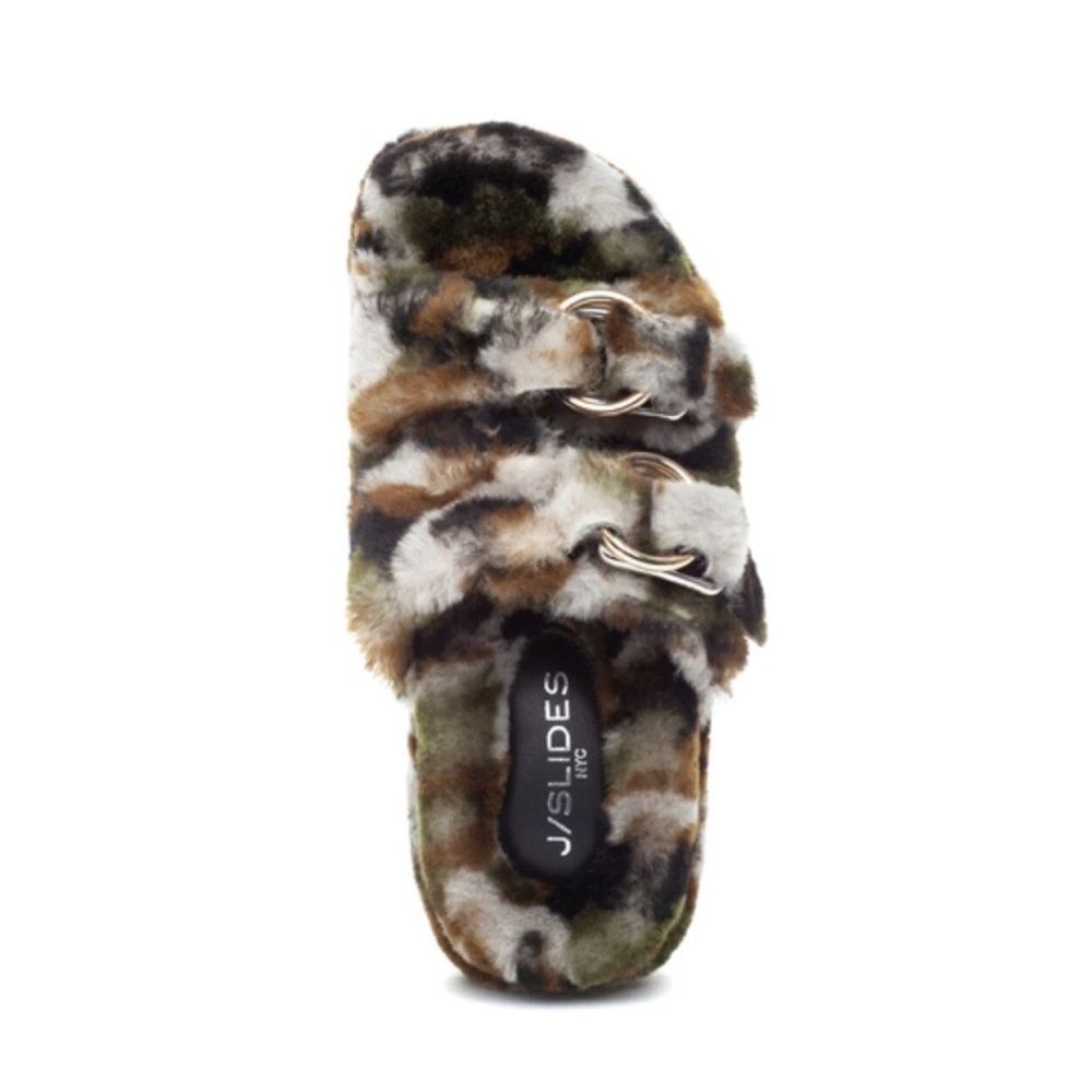J/Slides NYC Brooke Shearling Slippers Camo Faux Fur Slides Womens 6